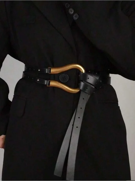 NEW Designer Inspired Brown & Black Double Strap Belts w/ Gold Accents - Picture 2 of 9